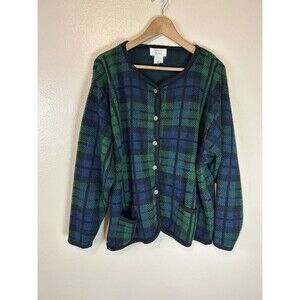 Tally-Ho 1X Sweater Cardigan Tartan Plaid Green Gold Button Jacket Nordic